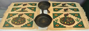 lot 216 image: Cast iron pans and 6-WESTERN Diamondback Rattlesnake  place mats