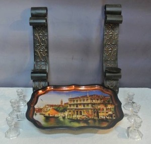 lot 218 image: Candle holders and a plate with a water scene on it