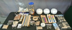 lot 220 image: Craft lot jar of buttons ,pant brushes ,wood beads , styrofoam pumpkins, and so much more see pictures