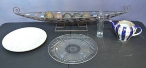 lot 221 image: Table decor basket and decorative balls, Sudlows Burslem Rita teapot. And more see pictures