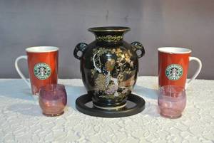lot 223 image: Mid 20th Century Japanese Peacock Floral Design Vase, Starbucks cups both has a small chip in them , round mirror and more