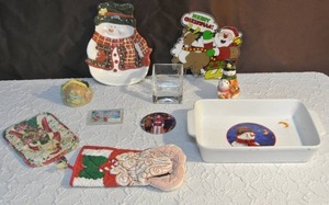 lot 224 image: Baking dish, pot holders,snow man salt and pepper shaker and more