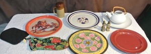 lot 225 image: Vintage Gold Salt And Pepper Shakers,cheese shacker,white porcelain teapot with a bamboo handle,and more