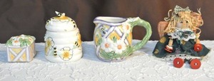 lot 243 image: Vintage Beehive Honey Jar with Lid Floral,ceramic creamer pitcher. And more