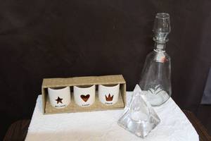 lot 280 image: Rae Dunn candles and a 1930s decanter and more see pic.
