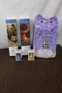 lot 299 image: 2-diamond paintings and 2-Care bears and mystery Mee Meows 11inch plush