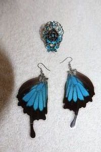 lot 149 image: Jewelry, animal themed laminated butterfly wing earrings, and peacock ring
