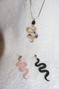 lot 153 image: Jewelry, animal themed acrylic snake earrings and necklace