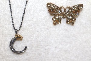 lot 105 image: Jewelry, animal themed cat with moon shape pendant necklace and butterfly pin