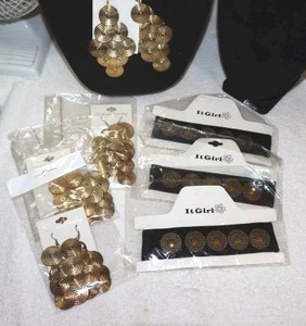 lot 227 image: Jewelry black and gold disc chokers, and earrings