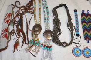 lot 204 image: Jewelry Native American beaded bracelets and earrings, leather and corded necklaces