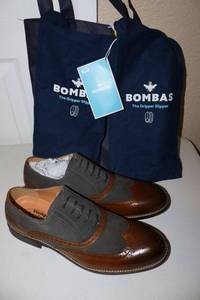 lot 23 image: Vintage Foundry Co. brown and gray leather shoes, size 10 look like new. Plus Bombas shoe covers
