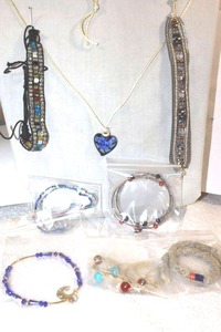 lot 245 image: Glass bead jewelry blue heart pendant necklace and multiple bracelets
