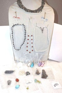 lot 250 image: Glass bead jewelry multi strand beaded necklace, glass unicorn earrings, pendants, earrings, and beads