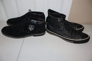 lot 13 image: Mens leather shoes Black leather Converse and Reaction Kenneth Cole Desert Sun black suede shoes. Size 10 gently used.