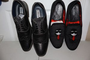 lot 14 image: Mens leather shoes Steve Madden black wingtip and Elan Roman red tie shoes, size 10 gently used.