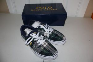 lot 18 image: Mens leather shoes Ralph Lauren POLO green plaid shoes, size 10 gently used.