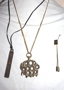 lot 41 image: Movement Jewelry Brutalist style necklaces and pin with K monogram