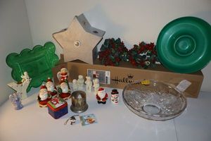 lot 288 image: Christmas decorations, gift wrap, and glass serving bowl