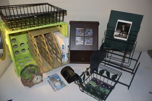 lot 290 image: Office desk items book racks, paper baskets, photo box, desk clock and more
