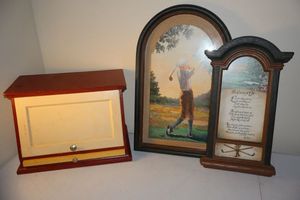 lot 298 image: Wooden bread box, and golf themed wall dcor