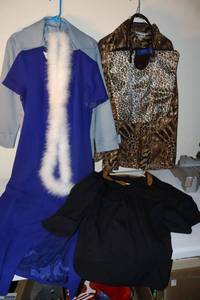 lot 308 image: Womens dress clothes with white furry boa and long coat