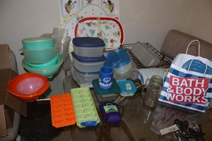 lot 341 image: Plastic storage containers, vintage Christmas placemats, ice cube trays and more