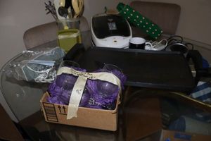 lot 342 image: Kitchen lot electric skillet, Foreman grill, mug warmers, wine glasses and more