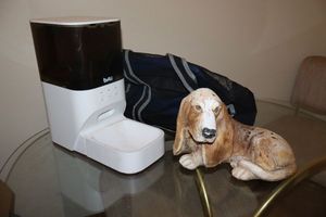lot 344 image: Pet lot Automatic pet feeder, garden dog statue, and small pet carrier bag