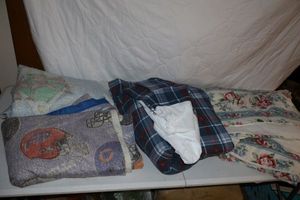 lot 367 image: Bed comforters and blankets (includes NFL and baseball well loved blankets)