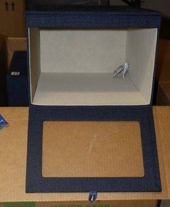lot 73 image: Cambridge drop front shirt boxes in blue linen color - set of 4 total. Each box measures 15L x 11W x 8 H.
