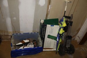 lot 404 image: Golf lot golfing bag dolly, umbrella, putting green, and shoes