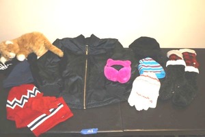 lot 393 image: Winter hats and gloves, socks, black jacket size Med, and plush cat