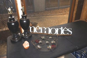 lot 390 image: Home goods pair of table lamps, metal serving tray, salt lamp with USB plug