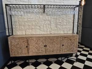 lot 2 image: Beautiful Wooden Hutch w Attached Wine Rack.  INCLUDES ALL WINE GLASSES PICTURED (Over 140 Wine Glasses)  Measures 80 x 80 x 16