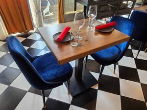 lot 13 image: COMPLETE TABLE SET FOR 2  Includes Solid Wood Table Top w Single Post Weighted Square Base, 2 Velvet Blue Chairs &amp 2 Complete Place Settings.&nbsp Table Measures 30 x 24