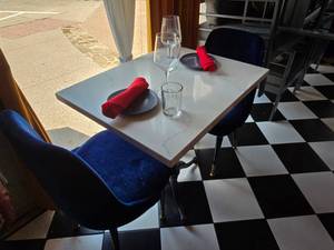 lot 11 image: COMPLETE TABLE SET FOR 2  Includes Solid Marble Table w Cast Iron Spindle Base, 2 Velvet Blue Chairs &amp 2 Complete Place Settings.&nbsp Table Measures 30 x 24