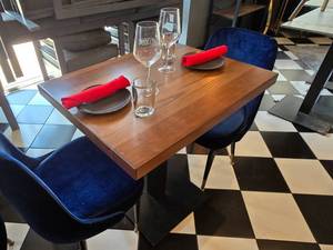 lot 15 image: COMPLETE TABLE SET FOR 2  Includes Solid Wood Table Top w Single Post Weighted Square Base, 2 Velvet Blue Chairs &amp 2 Complete Place Settings.&nbsp Table Measures 30 x 24
