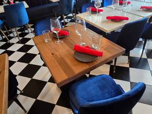 lot 16 image: COMPLETE TABLE SET FOR 2  Includes Solid Wood Table Top w Single Post Weighted Square Base, 2 Velvet Blue Chairs &amp 2 Complete Place Settings.&nbsp Table Measures 30 x 24