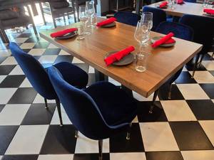 lot 18 image: COMPLETE TABLE SET FOR 4  Includes Solid Wood Table Top w Double Post Weighted Base, 4 Velvet Blue Chairs & 4 Complete Place Settings
