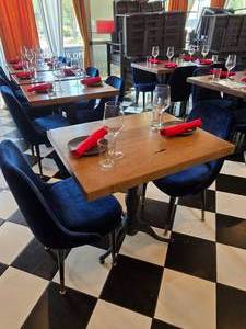 lot 17 image: COMPLETE TABLE SET FOR 2  Includes Solid Wood Table Top w Cast Iron Spindle Base, 2 Velvet Blue Chairs &amp 2 Complete Place Settings.&nbsp Table Measures 30 x 24