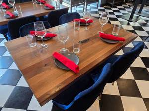 lot 19 image: COMPLETE TABLE SET FOR 4  Includes Solid Wood Table Top w Double Post Weighted Base, 4 Velvet Blue Chairs &amp 4 Complete Place Settings.&nbsp Table Measures 48 x 30