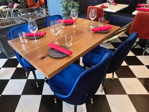 lot 20 image: COMPLETE TABLE SET FOR 4  Includes Solid Wood Table Top w Double Post Weighted Base, 4 Velvet Blue Chairs &amp 4 Complete Place Settings.&nbsp Table Measures 48 x 30