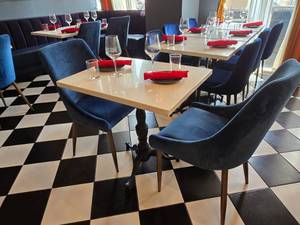 lot 55 image: COMPLETE TABLE SET FOR 2  Includes Solid Marble Table w Cast Iron Spindle Base, 2 Velvet Blue Chairs &amp 2 Complete Place Settings.&nbsp Table Measures 30 x 24