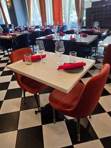 lot 58 image: COMPLETE TABLE SET FOR 2  Includes Solid Marble Table w Cast Iron Spindle Base, 2 Velvet Orange Chairs &amp 2 Complete Place Settings.&nbsp Table Measures 30 x 24