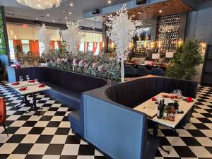 lot 50 image: Complete 360 Degree Velvet Backed Sectional Booth Seating.  Comes Apart in 12 Pieces (Pieces are currently screwed together).  Buyer to disassemble.