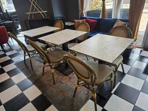 lot 96 image: Lot of 3 Sets of Outdoor Tables.  Includes 3 Weather Resistant Tables w 6 Nora Bamboo-Look Aluminum Framed Outdoor Chairs w Weather Resistant Seat &amp Back.&nbsp Tables Measure 30 x 24