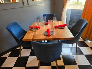 lot 99 image: COMPLETE TABLE FOR 4  Includes Solid Wood Top w Square Single Post Weighted Base, 4 Blue Velvet Chairs &amp Place Settings for 4 People.&nbsp Table Measures 36 x 36
