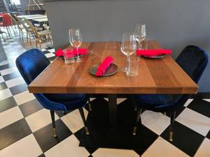 lot 100 image: COMPLETE TABLE FOR 2  Includes Solid Wood Top w Square Single Post Weighted Base, 2 Blue Velvet Chairs &amp Place Settings for 2 People.&nbsp Table Measures 36 x 36