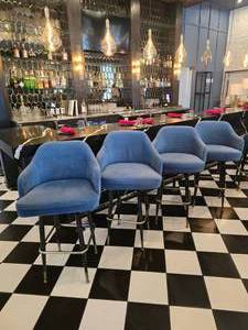 lot 101 image: Lot of 4 Blue Velvet Swivel Base Barstools